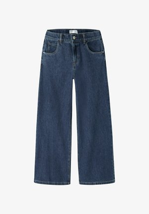 Donkerblauwe wide-leg jeans met hoge taille, knoop- en ritssluiting, voor- en achterzakken en riemlussen, plat neergelegd op een witte achtergrond.