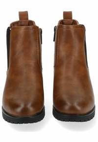 Bottines en cuir marron avec des panneaux élastiques sur les côtés, surface texturée et semelles en caoutchouc. Équipées de languettes à l'arrière pour un enfilage facile.