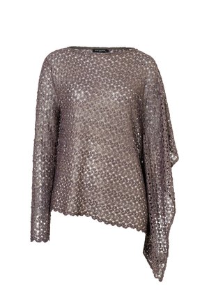 Langärmliges Spitzenoberteil in Mauve mit asymmetrischem Saum und halbtransparentem Blumenmuster.