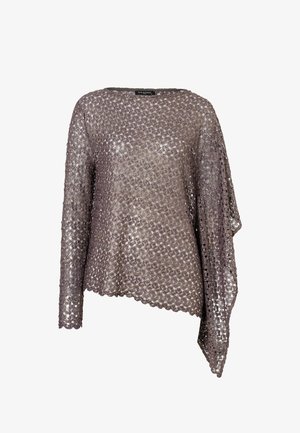 Langärmliges Spitzenoberteil in Mauve mit asymmetrischem Saum und halbtransparentem Blumenmuster.