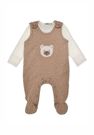 Brauner Baby-Strampler mit Muster, Füßchen und einem weißen Langarmshirt darunter, mit einer applizierten weißen Teddybär-Gesichtsverzierung vorne.