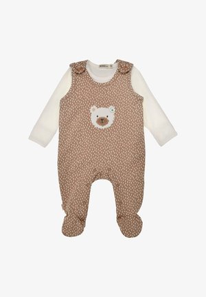 Tutina per bebé marrone con motivo a fantasia, con piedini e maglietta bianca a maniche lunghe sotto, con applicazione frontale a forma di faccia di orsetto bianco.