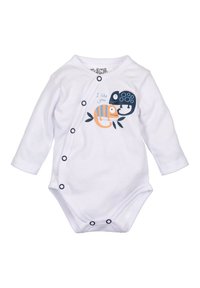 Witte baby-onesie met lange mouwen en een print van blauwe en oranje vissen, met een blauwe kameleon en de tekst "Ik vind je leuk." Drukknopen sluiting.