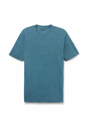 T-shirt bleu chiné à manches courtes et col rond, posé à plat avec un tissu légèrement texturé et une petite étiquette intérieure au niveau du col.