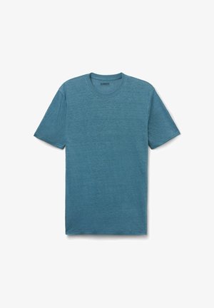 T-shirt bleu chiné à manches courtes et col rond, posé à plat avec un tissu légèrement texturé et une petite étiquette intérieure au niveau du col.
