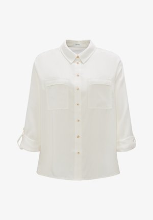 Camicia bianca con bottoni realizzata in tessuto liscio, dotata di collo a punta, due tasche sul petto e maniche arrotolate con dettaglio a bottone.