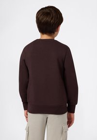 Felpa marrone scuro con maniche lunghe, scollo rotondo e polsini a coste; tessuto testurizzato; indossata sopra pantaloni cargo color beige chiaro.