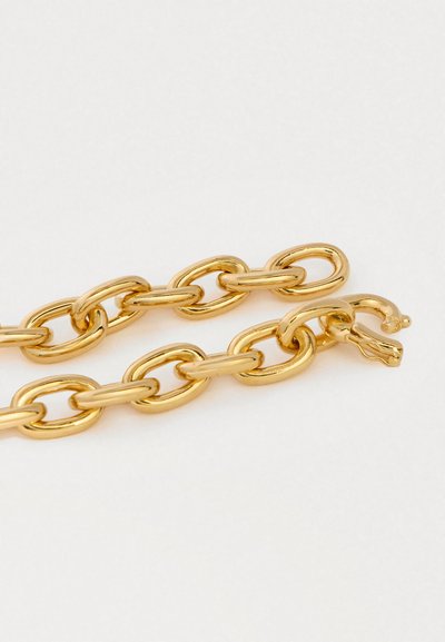 Zlata verižica z podolgovatimi ovalnimi članki in zapenjanjem, delno odprtim na belem ozadju.