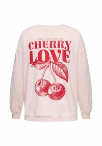 Cremeweißer Pullover mit großem rotem Text "CHERRY LOVE" und "I WILL ALWAYS PICK YOU", versehen mit einer detaillierten roten Kirschen- und Blätter-Illustration.
