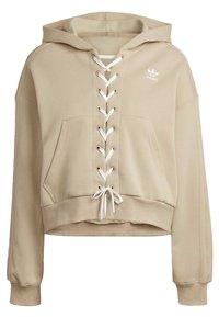 Béžová krátká mikina s kapuc�í, šněrováním vpředu, bílým stahovacím šňůrkem, dvěma předními kapsami a logem Adidas na levé straně hrudi. Vyrobena z měkké látky.