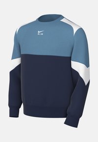 Bluza Nike w jasnoniebieskim, granatowym i białym kolorze; okrągły dekolt, prążkowane mankiety i dół; blokowy design kolorystyczny z logo na piersi.