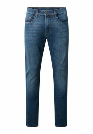 Blaue Jeans aus Denim mit geradem Schnitt, ausgestattet mit fünf Taschen, einem vorderen Knopfverschluss und subtilen Ausbleichungen für Texturdetails.