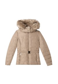 Beige gewatteerde jas met capuchon van nep bont, ritssluiting aan de voorkant, twee zijzakken en een ceintuur in de taille. Geheel voorzien van een textuurvolle doorgestikte print.