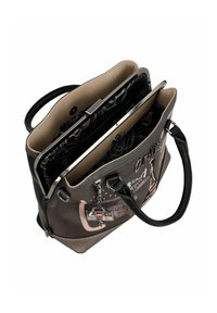Borsa a tracolla nera e grigia con doppio manico, caratterizzata da un interno decorato, un ciondolo decorativo e scomparti per l'organizzazione.