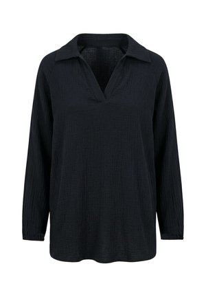 Schwarzes, langärmeliges, strukturiertes Hemd mit offenem V-Ausschnitt und entspanntem Schnitt, präsentiert vor weißem Hintergrund.