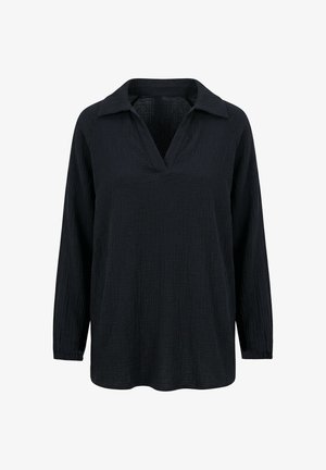 Long-sleeve black textured shirt with open V-neck collar and relaxed fit, displayed against a white background.