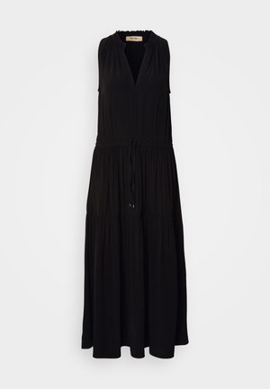 Mustamata ilma varrukat maxi kleit V-dekoltee, kogutud kaelusega, elastse vöökohaga ja kihilise seeliku osaga. Pehme kangas sileda tekstuuriga.