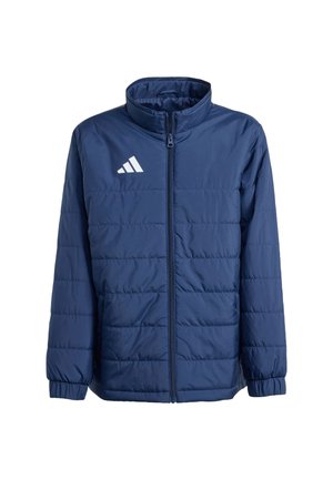 Chaqueta acolchada azul marino con cremallera frontal, cuello alto, puños elásticos y logo blanco de Adidas en el pecho.