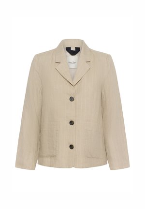 Sacou bej pentru femei cu dungi verticale subtile, trei nasturi închiși, două buzunare frontale și guler cu decupaj.