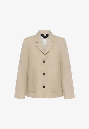 Sacou bej pentru femei cu dungi verticale subtile, trei nasturi închiși, două buzunare frontale și guler cu decupaj.