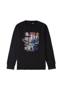 Czarny long-sleeve t-shirt z graficznym nadrukiem roweru w ruchu, z tekstem "DWA KOŁA", "LINIA BRUDU" i kolorowymi akcentami.