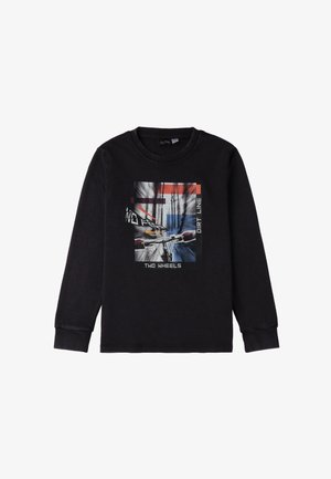 Schwarzes Langarm-T-Shirt mit einem grafischen Druck eines Fahrrads in Bewegung, versehen mit den Texten "ZWEI RÄDER," "DIRT LINE," und farblichen Akzenten.