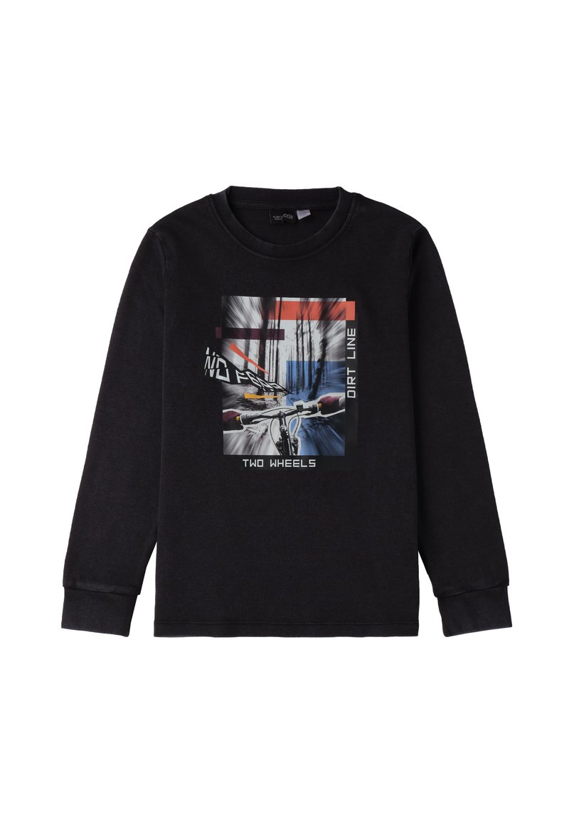 Czarny long-sleeve t-shirt z graficznym nadrukiem roweru w ruchu, z tekstem "DWA KOŁA", "LINIA BRUDU" i kolorowymi akcentami.