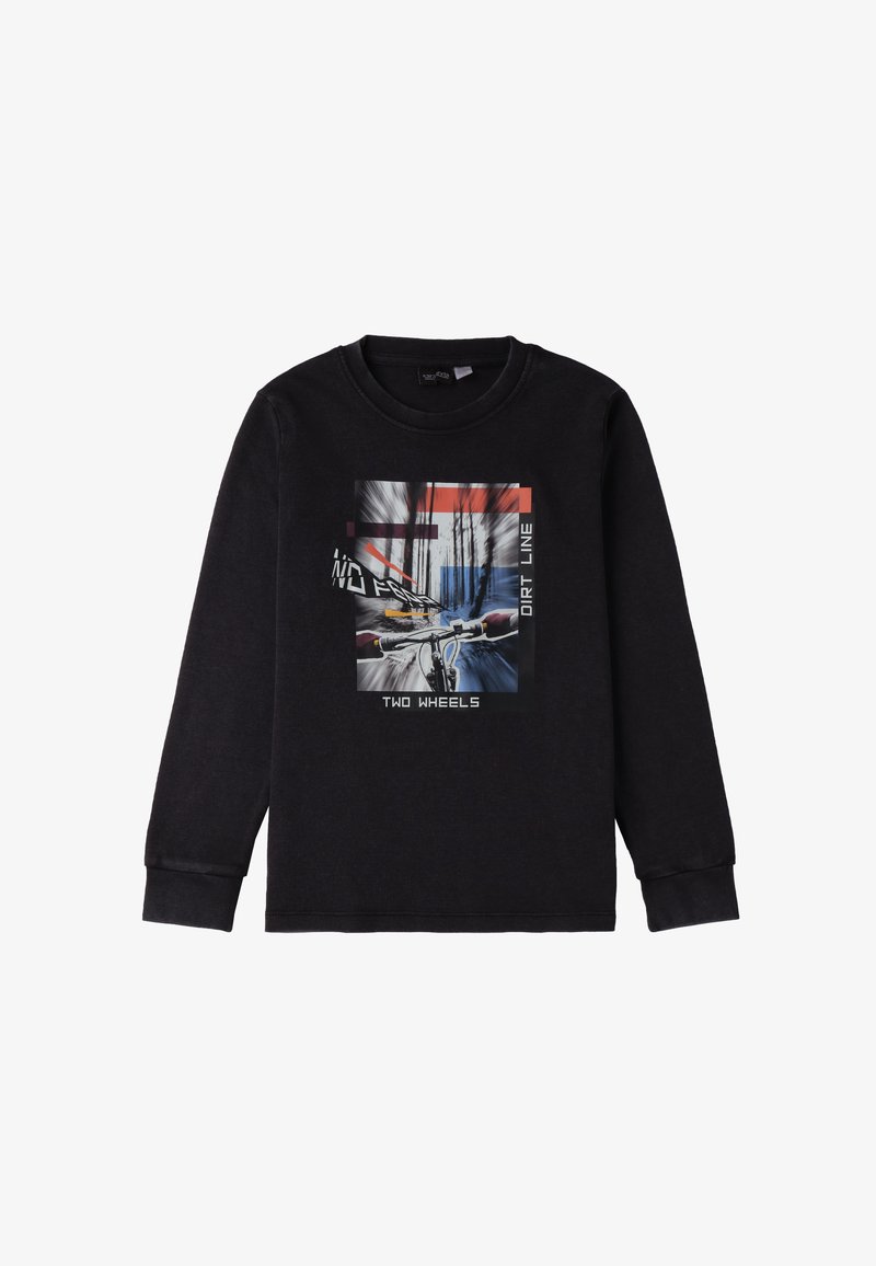 Czarny long-sleeve t-shirt z graficznym nadrukiem roweru w ruchu, z tekstem "DWA KOŁA", "LINIA BRUDU" i kolorowymi akcentami.