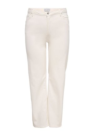 Jeans da donna color avorio a gamba dritta con bottone frontale e tasche, esposti su uno sfondo bianco.