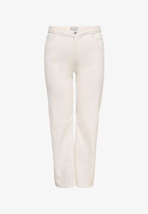 Suorat, luonnonvalkoiset naisten farkut, joissa etunappi ja taskut, esillä valkoista taustaa vasten.