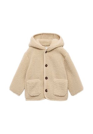 Giacca di pile beige con cappuccio, dotata di due tasche frontali, quattro bottoni marroni e una consistenza morbida. Orlo arrotondato e cuciture laterali visibili.
