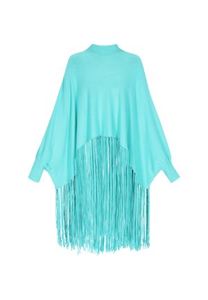 Turkooise gebreide poncho met een hoge hals en brede mouwen, voorzien van lange franjerandjes langs de onderzoom en zijkanten.