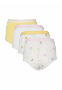 Quatre paires de culottes en coton pour femmes, de couleur jaune, blanche et rose pastel, présentant des visages souriants et des motifs floraux.