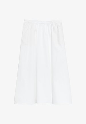 Biała spódnica w linii A z elastycznym pasem, do kolan, wykonana z gładkiej tkaniny, prezentowana na jednolitym tle.