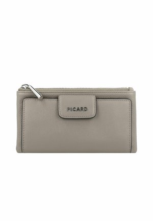 Taupe leather wallet with a smooth texture, featuring a silver-toned zipper and a snap closure. Logo embossed on the front. Rectangular shape.