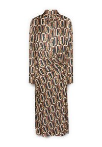 Sukienka z długim rękawem w jedwabistym materiale z ciemnym tłem ozdobionym abstrakcyjnym wzorem w odcieniach beżu i rdzy, z guzikiem z przodu oraz wiązaniem w talii.