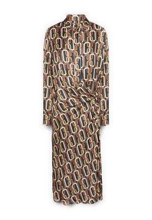 Vestido de manga larga en tejido de seda con un fondo oscuro y un patrón abstracto en tonos marrón claro y óxido, con botones en la parte delantera y detalle de cintura anudada.