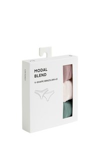 Driepack van V-vormige Braziliaanse ondergoed in een modalblend, met lichtroze, beige en groene kleuren, verpakt in een rechthoekige doos.