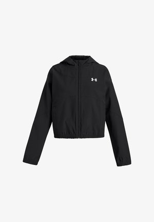 Čierna skrátená bunda s kapucňou, plným zipsom, elastickým pásom a dlhými rukávmi. Na ľavej hornej strane je logo. Hladká textúra.