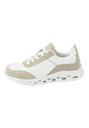 Scarpa da ginnastica bassa bianca e beige con chiusura con lacci e suola ventilata, progettata per un uso casual o sportivo.