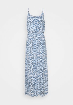 Maxikleid mit blau-weißem geometrischem Muster, Spaghettiträgern und elastischem Bund, auf weißem Hintergrund dargestellt.