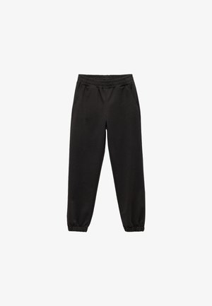 Zwarte sweatpants met een elastische tailleband, twee zijzakken en taps toelopende boorden. Gemaakt van zachte stof met een gladde textuur.