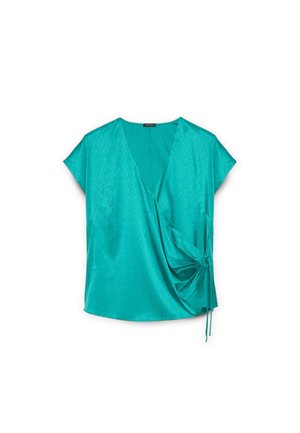 Top turcoaz cu mâneci scurte, de tip wrap, cu decolteu în V și detaliu pliat pe lateral strâns cu un șnur. Țesătură netedă și lucioasă.