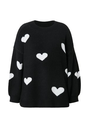 Sort sweater med løstsiddende pasform og drop shoulders, prydet med hvide hjerte mønstre. Lavet af et blødt, tekstureret stof med ribbet halsudskæring.