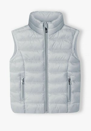 Hellgraue, gesteppte, ärmellose Steppweste mit hohem Kragen, vorderem Reißverschluss und zwei seitlichen Reißverschlusstaschen, flach auf weißem Hintergrund ausgelegt.
