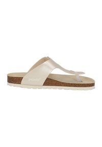 Light beige sandals with a sleek leather upper and cork sole. Features a toe post design and textured footbed for comfort.
