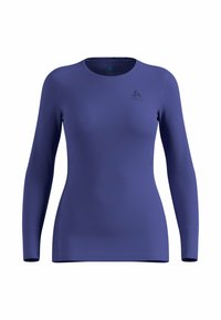 T-shirt de sport ajusté à manches longues en bleu foncé uni avec un col rond et un petit logo sur le côté supérieur gauche de la poitrine.