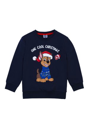 Felpa blu navy con un cane dei cartoni animati che indossa un cappello di Babbo Natale e un maglione blu con delle fantasie. La scritta recita: "UN NATALE FANTASTICO."