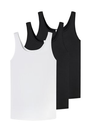 Trzy bezrękawniki, jeden biały z przodu i dwa czarne z tyłu, na białym tle.