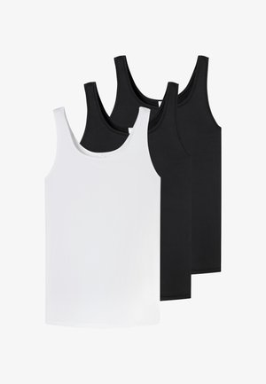 Trois débardeurs sans manches, un blanc devant et deux noirs derrière, présentés sur un fond blanc uni.